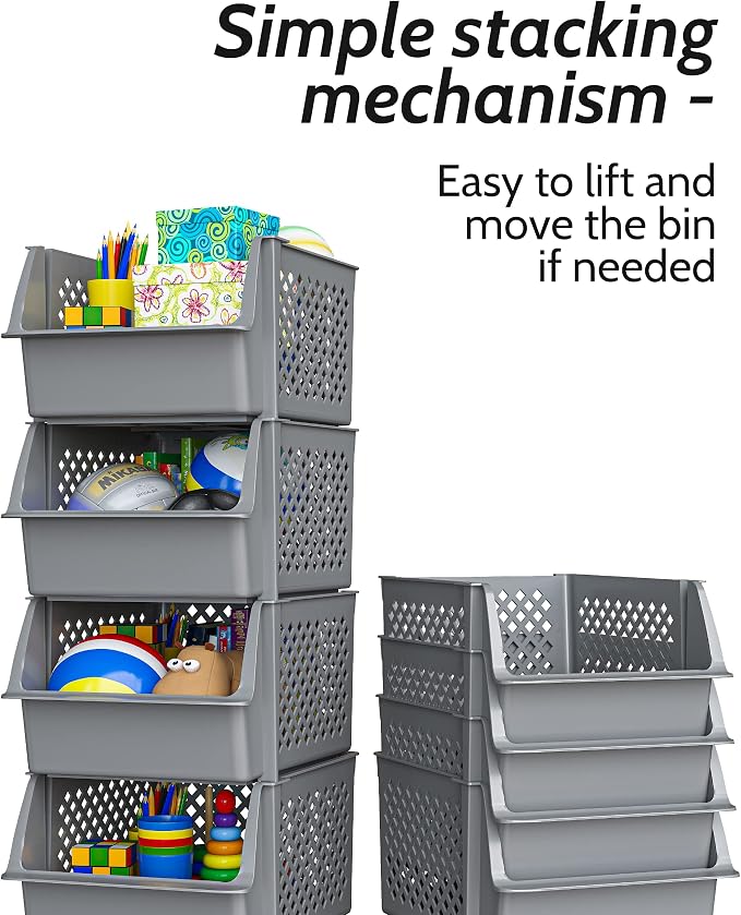 TidyFriend 4 Pack Stackable Storage Bins Open Front for Pantry Organizers and Storage, Pantry Storage for Food, Kitchen and Home Organization, Plastic Storage Bins, Dorm Room Essentials (Grey)