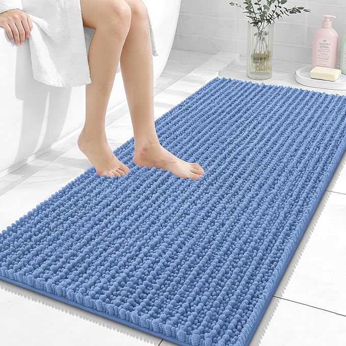 OLANLY Long Bathroom Rugs Runner 47x24, Thick Soft and Absorbent Chenille Bath Mat, Non-Slip, Machine Washable Quick Dry Bath Rugs for Tub Shower Floor, Home Decor Accessories, Cornflower Blue