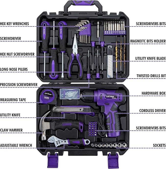 CARTMAN 150-Piece Household Tool Set, 8V Cordless Drill Driver Kit, Complete Hand Tool Kit for Home Maintenance, DIY Projects and Repairs, Purple