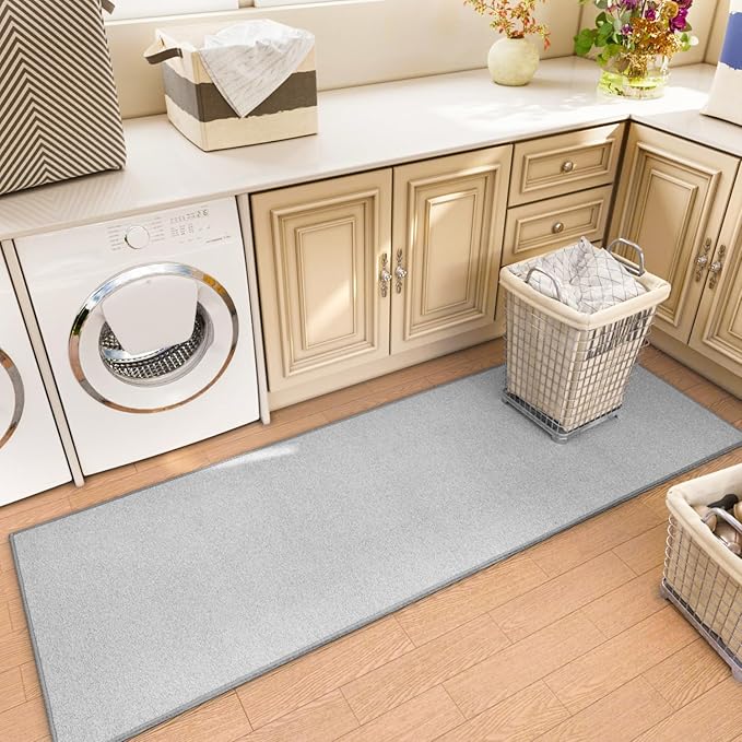 AREDO Runner Rug with Non Slip Rubber Backing, Washable Soft Floor Carpet for Kitchen, Hallway, Entryway Indoor, Bedroom, Laundry, Low Pile Area Rugs, Solid color with Pointillism style, 2*10 ft GREY