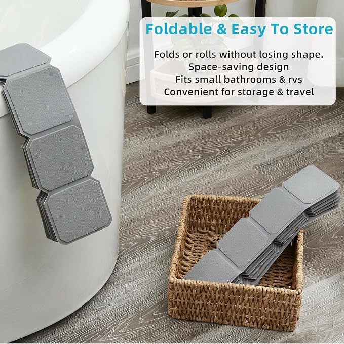 Yanzifly Non-Slip Silicone Bathtub Mat – Foldable, Machine Washable, Durable & Eco-Friendly Bath & Shower Mat with Strong Suction Cups, Large Drain Holes, Ideal for Family Use, 14.9 x 27.5in, Grey