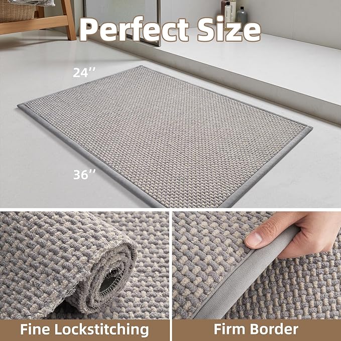 PADOOR-Bath Mat-Super Absorbent Chenille Bathroom Mats-Rubber Backed Bath Mats for Bathroom Non Slip, Easy Clean Bathroom Rugs Front of Bathtub,Shower Room,Sink-24×36, Grey&Beige