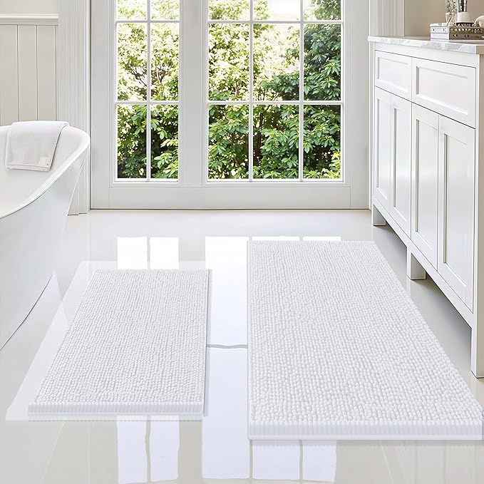 Smiry Bathroom Rugs Sets 2 Piece, Soft Absorbent Chenille Machine Washable Non Slip Shaggy Bath Rug Set for Tub, Shower, and Floor (36x24+24x16, White)