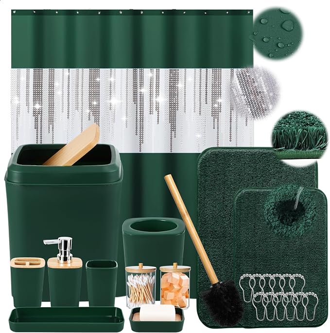 XLHOMO Dark Green Bathroom Sets with Shower Curtain and Rugs,Bathroom Sets Shower Curtain Set with Extra Soft and Absorbent Bathroom Rugs Green Bathroom Accessories