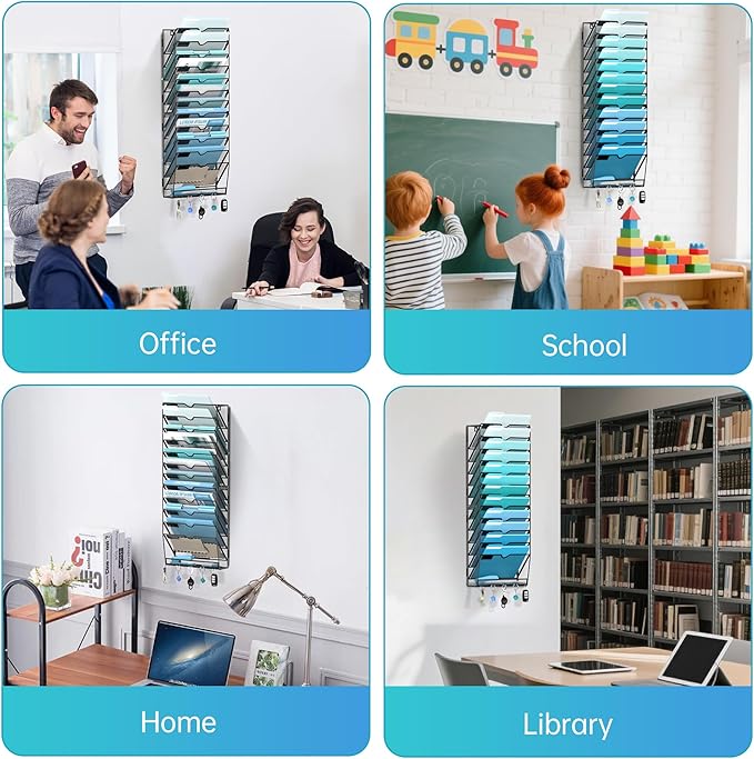 13 Tier Wall File Organizer - Hanging File Organizer with 5 Hooks, Mail Holder Wall Mounted for Papers, Folders, Magazines, Bills, Office&School Organization, Black