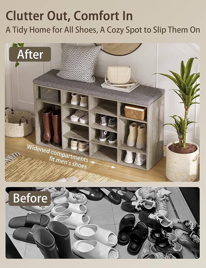 DINZI LVJ Shoe Storage Bench with Cushion, 14-Cubby Shoe Rack, Adjustable Shelves, Multifunctional Shoe Organizer Bench for Entryway, Mudroom, Hallway, Living Room, Bedroom and Garage, Gray Wash
