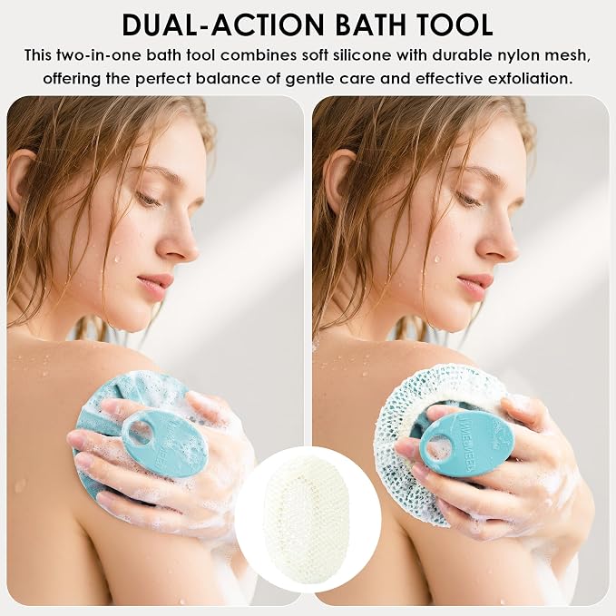 INNERNEED Food-Grade Soft Silicone Body Scrubber Shower Brush Handheld Cleansing Skin Brush, with Exfoliating Net Sponge Case (Pack of 4)
