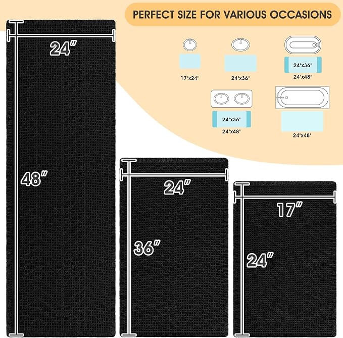 IM HOME Upgrade Waffle Bath Mat Set 3 Piece, Boho Bathroom Rugs Absorbent Non Slip, Ultra Soft Bathroom Mat, Machine Washable Knit Bath Rugs with Herringbones for Bathroom, Bedroom, Kitchen, Black