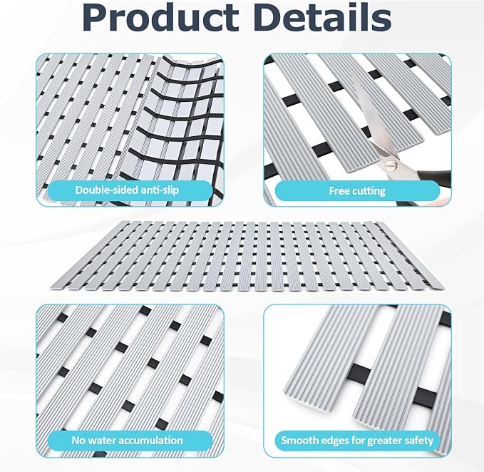 Grey Weighted Non Slip Bathtub Mat Without Suction Cups,Textured TPE Bath Mat for Textured Tub & Shower Surfaces,Doesn't Float, Works on Tile and Stone(33.8”x 17”)