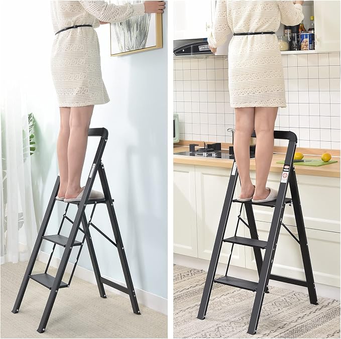KINGRACK Aluminium 3 Step Ladder, Lightweight Step Stool with Non-Slip Pedals, Handrail, 330 LBS Foldable Step Ladder for Kitchen, Garage, Home, Space Saving, Sturdy and Portable, Black