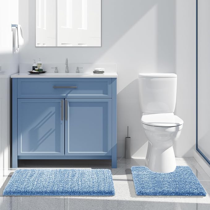 Yimobra Bathroom Rugs Non Slip Washable 36X24, Ultra Soft and Water Absorbent Bath Mats, Plush Fluffy Shower Mat Outside, Luxury Microfiber Thick Matts for Bathroom Floor/Tub, Blue and White