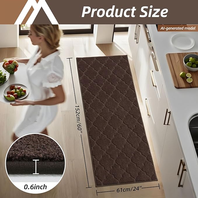 COSY HOMEER-Kitchen-Rugs-Non-Slip-Washable 24"x60" Absorbent Kitchen Runner Rug Polyester Kitchen Mats for Floor Soft Standing Floor Mats for Sink Mat,Hallway,Laundry,Brown