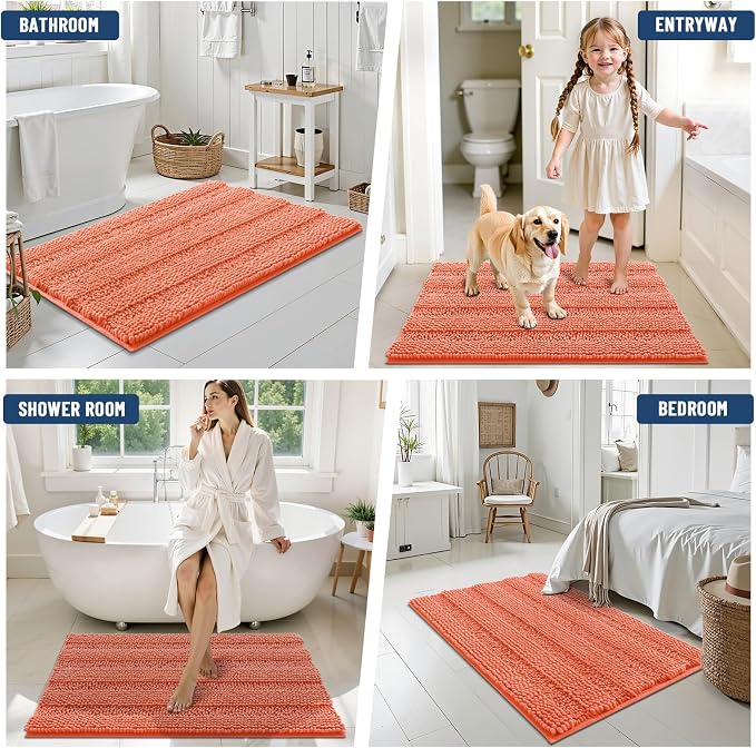 Grandaily Chenille Striped Bathroom Rugs 30x20, Extra Thick and Absorbent Bath Mats, Non-Slip Soft Plush Shaggy Shower Carpet, Machine Wash Dry, Bath Rug for Bathroom, (Medium, Coral Orange)
