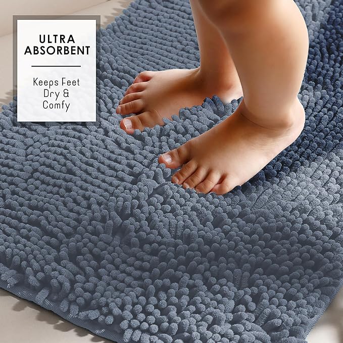 Hearth & Harbor Bathroom Rugs, Chenille Bath Mat - Machine Washable Bath Mats for Bathroom Non-Slip Backing Rubber, Quick Dry Bathroom Mat, 17 x 24 - Stone Blue