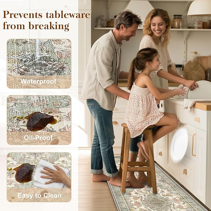 Boho Kitchen Mats for Floor 2 Piece Set Anti Fatigue Cushioned PVC Kitchen Rugs Non Slip Waterproof Farmhouse Mats 2/5 Inch Comfort Standing Mat for Sink, Laundry, 23.6"x39"+23.6"x59",D1