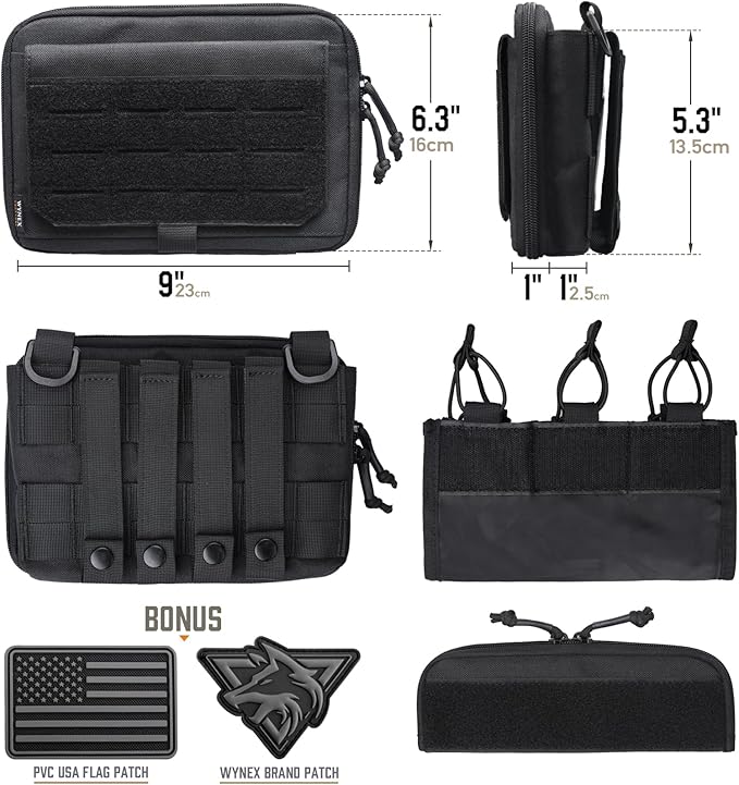 WYNEX Molle Admin Pouch of Kangaroo Style, Tactical Utility Tool Pouch with Mag/Zipper Strip Insert Modular EDC Medical Bag Organizer Attachment Patch Included