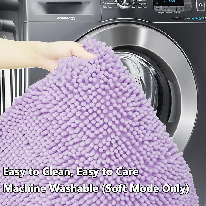 Bathroom Rugs Chenille 3-Piece Extra Soft and Absorbent Shag Bathroom Rugs, Machine Wash Mat, Strong PVC Non-Slip Underside, Plush Carpet Mats, Lavender