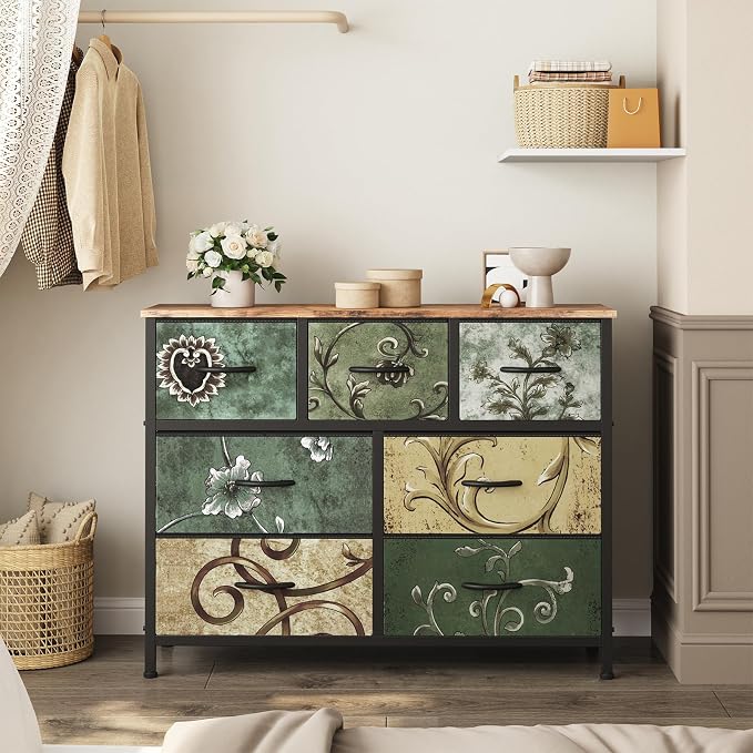 Sweetcrispy 7 Drawer Dresser, Fabric Storage Tower Organizer for Bedroom, Closet, Hallway, Entryway, Tall Chest of Drawers with Steel Frame, Wood Top, Large Storage, Floral Painted