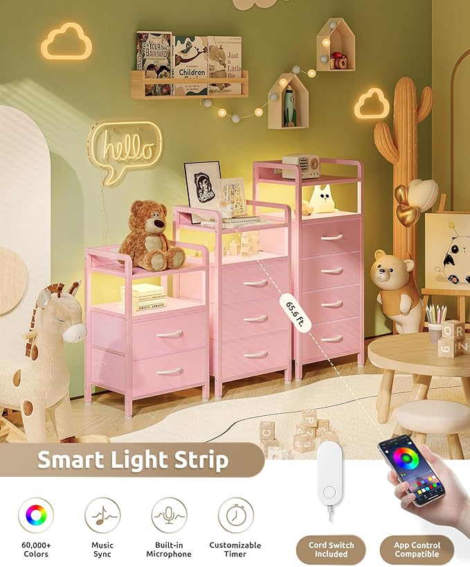 Lazzanto Night Stand Bedside Charger Bedroom - Nightstand with Charging Station & LED Light Strip, Night Stand with Storage Shelf & 3 Fabric Drawers, Morden End Table with USB Ports&AC Outlets,Pink
