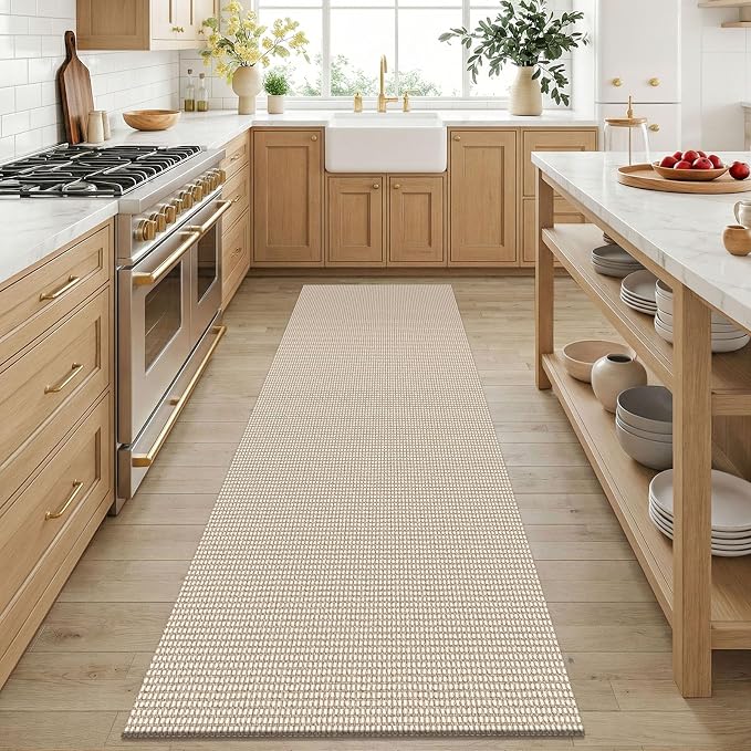 KOZYFLY 3x6 Washable Runner Rug, Non Slip Wide Runners for Hallway, Woven Large Entryway Runners, Braided Floor Carpet Runner for Entry, Kitchen, Bedside, Hall, Ivory/Camel/Brown
