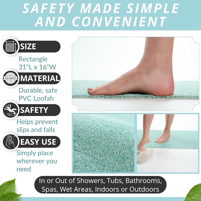 Non Slip Bathtub Mat Shower Mat for Tub - Loofah Bath Mats for Bathroom - 31x16 Bathtub Floor Mat - Textured Anti Slip Bath Mat Without Suction Cups - Secure Mat for Wet Areas (31x16 Aqua Green)