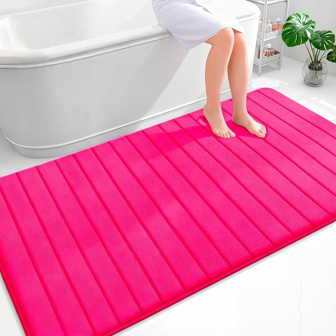 OLANLY Memory Foam Bath Mat 70x46, Super Soft Absorbent Bathroom Rugs, Quick Dry, Machine Washable Shower Floor Rugs, Bathmat Carpet, Bathroom Home Decor Accessories, Hot Pink