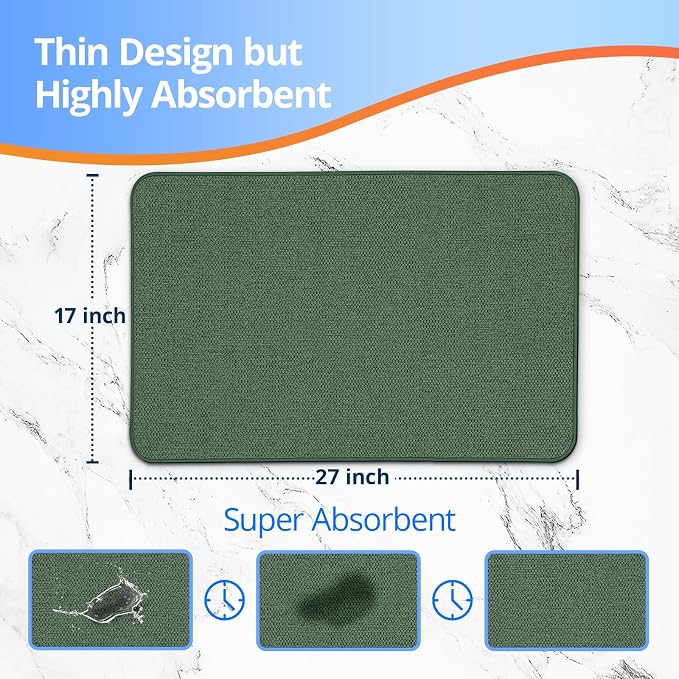 HOMTEB Bath Mat 17x27Inch, Thin Bath Mats Rugs with Rubber Backing Non-Slip, Absorbent,Quick Dry Machine Washable, Home Decor Accessories Cozy Cloth Bathroom Rugs fit Under Door/Sink/Tub-Green