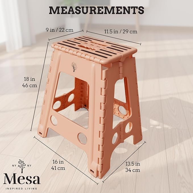 Inspired Living 18" Step Stool, Folding Step Stools for Adults, Plastic Foldable Step Stools Kids, Holds Up to 330 lbs, Collapsible Folding Stool for Kitchen, Bathroom, Bedroom - Blush/Grey