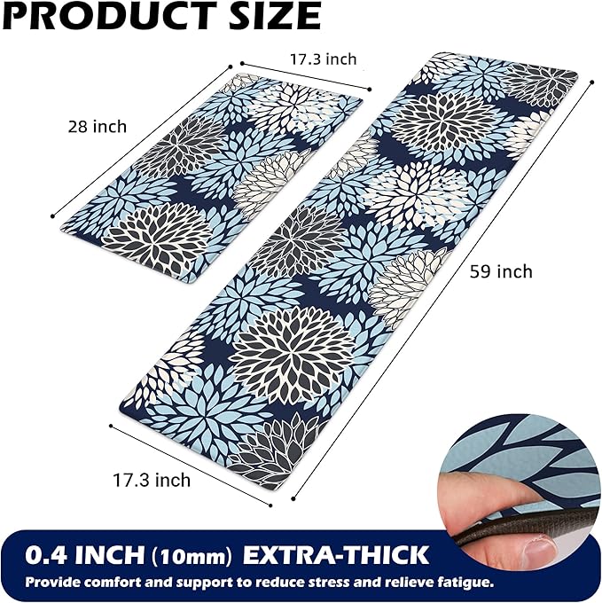Kitchen Mats Set of 2 Cushioned Anti Fatigue Kitchen Rugs Non Slip Waterproof Runner Memory Foam Kitchen Floor Mat Comfort Standing Mat for Sink, Office, Laundry, Navy Blue