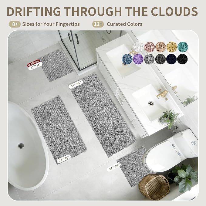 Toilet Rugs U-Shaped Mat 24x24, Contour Bathroom Mat - Ultra Soft & Absorbent Chenille, Quick-Dry, Machine Washable with Non Slip Barrier Backing, Grey