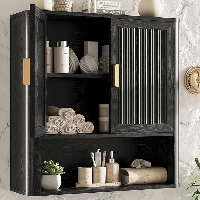 INNOD Bathroom Wall Cabinet, Wall-Mounted Medicine Cabinet with Adjustable Wood Shelf & Doors, Floating Bathroom Cabinet Over Toilet for Laundry Room & Kitchen & Living Room (Black)