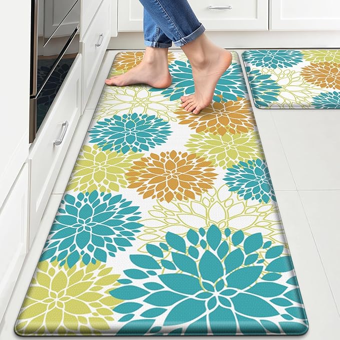 StepLively Kitchen Mats for Floor 2PCS, 0.47" Anti Fatigue Mats for Kitchen Floor, Kitchen Accessories for Sink, Office, Laundry, 17.3"×30"+17.3"×47", Yellow and Green
