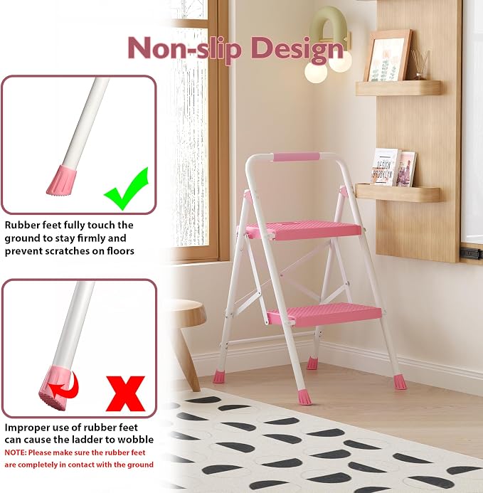 BONTEC 2-Step Ladder, Folding Step Stool, 600lbs Max Load Capacity, Sturdy Steel, Non-Slip Pedals, Lightweight, Portable Steel Ladder with Convenient Handrail, Safety Design for Home & Work, Pink