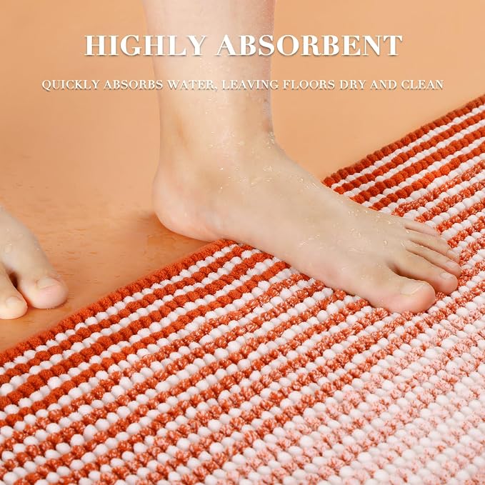 Bathroom Rugs and Mats Sets, 2 Piece Thick Absorbent Chenille Bath Mat Rug Set Non Slip, Soft Shaggy Bath Room Floor Mats for Bathroom, Machine Washable (Sunset Orange, 20" x 60" Plus 20" x 32")
