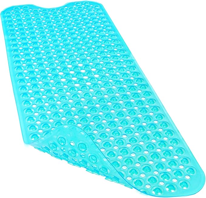 Bathtub and Shower Mats, 40x16 Inch Extra Large Non Slip Soft Bath Tub Mat with Suction Cups and Drain Holes for Bathroom Floor and Keep Tubs Clean, Machine Washable, Clear Turquoise