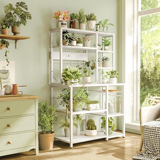 SUPERJARE Large Bakers Rack with Power Outlets, 6-Tier Microwave Stand, Coffee Bar with 12 S-Shaped Hooks, Kitchen Shelf with Wire Basket, 39.4 x 14.6X 66.9 Inches, White