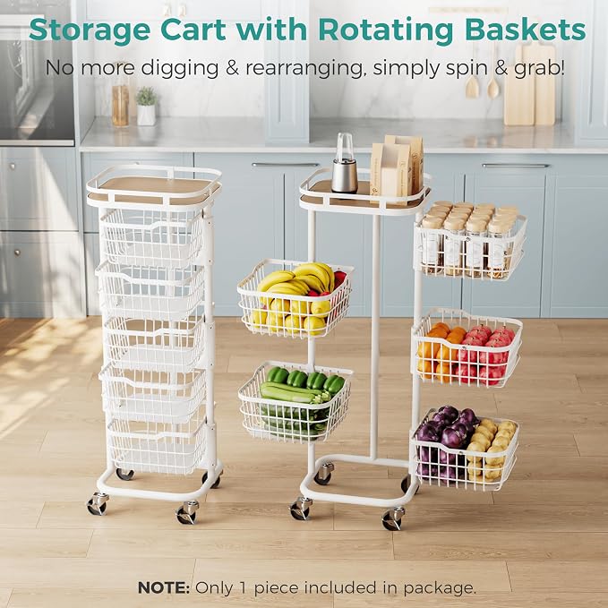 5 Tier Kitchen Fruit Vegetable Storage Cart with Rotating Basket, Rolling Rack Shelf Organizer Floor Stand on Wheel for Snack Spice Produce Veggie Onion Potato Bin, Vianderos Para Cocina, White
