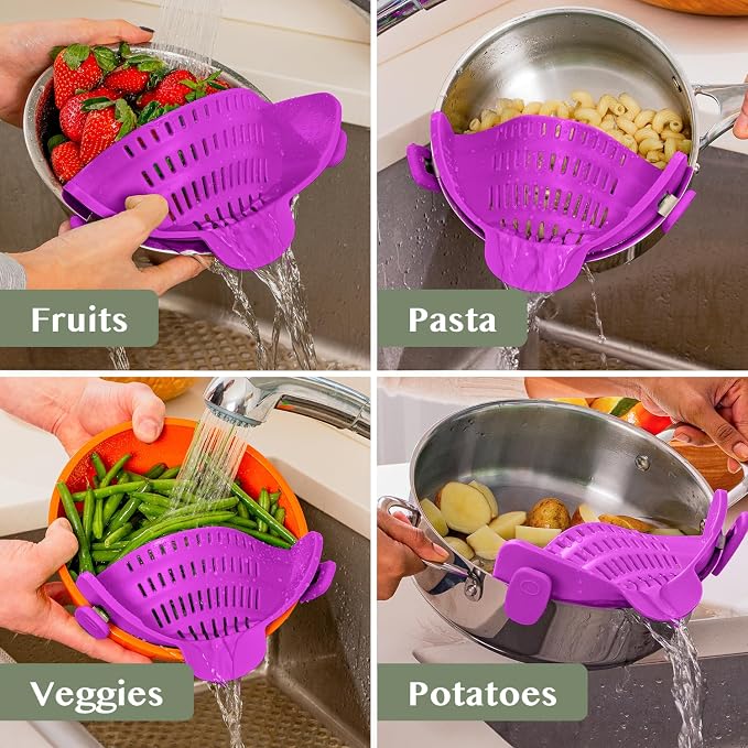 Kitchen Gizmo Snap N Strain Pot and Pasta Strainer - Strainers and Colanders - Adjustable Silicone Clip On Strainer for Pots, Pans, and Bowls - Kitchen Colander - Purple (Pack of 2)