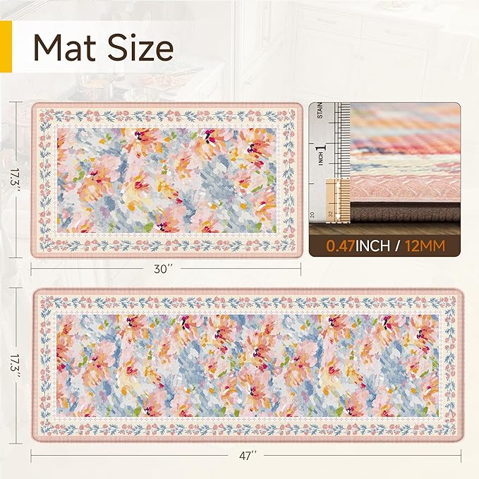 Anti Fatigue Kitchen Mats 2PCS Thick Non Slip Cushioned Rugs Pink Abstract Floral Waterproof Comfort Standing Mats for Floor Sink Laundry Office 17.3"×47"+17.3"×30"