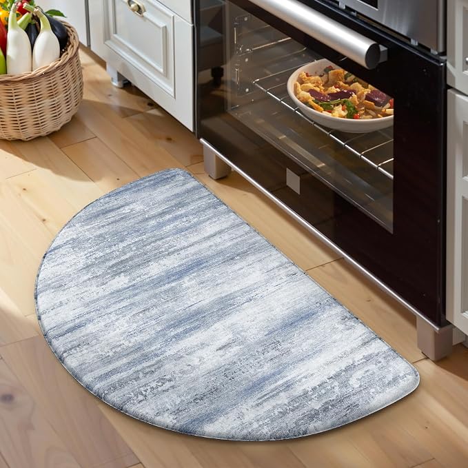 KIMODE Anti Fatigue Mats for Kitchen Floor 18"x28", Farmhouse Half Circle Kitchen Rug, Cushioned Kitchen Floor Mat Non Skid, Memory Foam Kitchen Mat for Laundry Office Sink Desk Blue