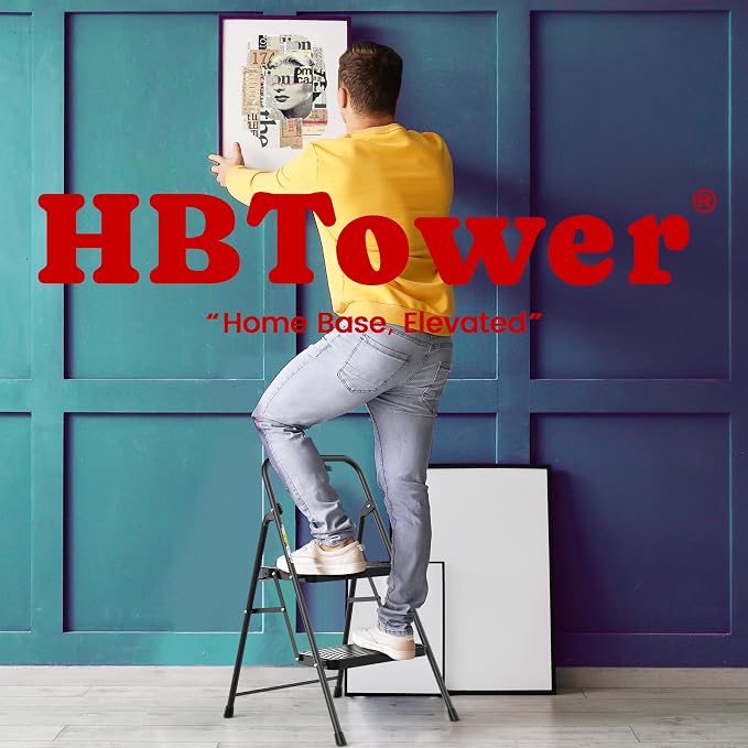 HBtower 2 Step Ladder, Step Stool with Wide Anti-Slip Pedal, Step Ladder Folding Step Stool for Adults, Lightweight Steel Portable ladders for Home Kitchen