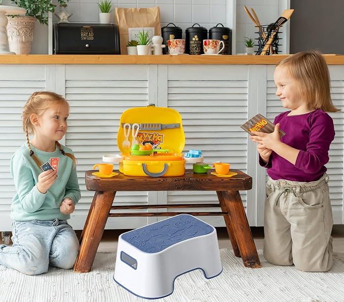 Step Stool for Kids, Cute Sea Animals Design and Anti-Slip Kids Step Stool with Recessed Handles, Portable Footstool for Kitchen, Bathroom Sink and Toilet Potty Training (Blue)
