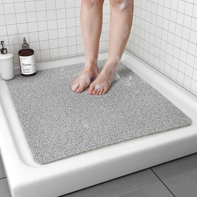Non Slip Shower Mat, Comfortable Bath mat for Textured Surface,Quick Drying Easy Cleaning Shower Floor Mat for Wet Area,Without Suction Cups 24x24 Lightgrey