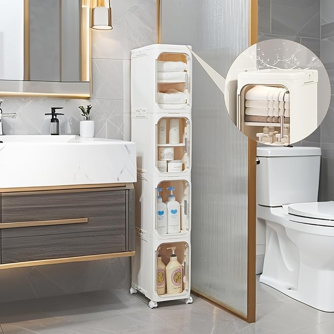 LXLXXL 5-Tier Narrow Storage Cabinet Slim Bathroom Storage Cabinet with Movable Wheels Tall Bathroom Organizer Skinny Cabinet for Small Spaces，Beige