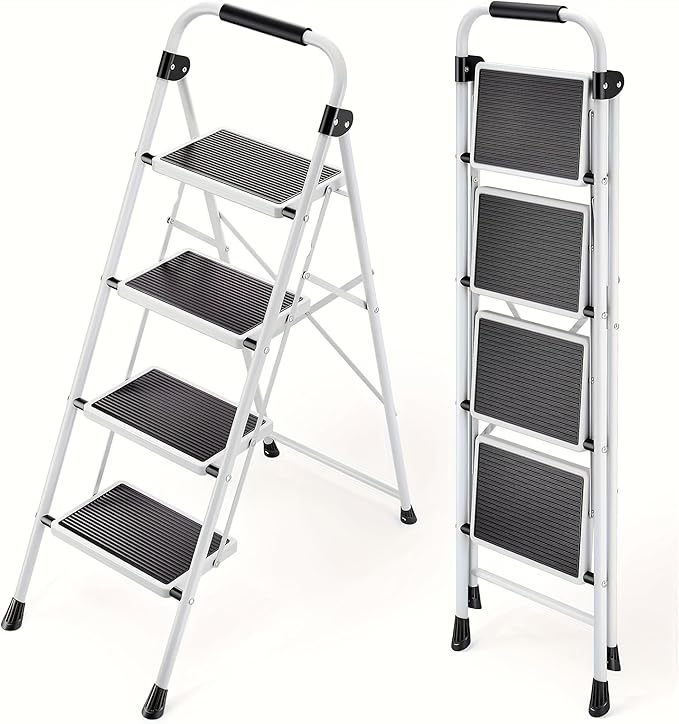 Simple Deluxe 4 Step Ladder, Step Stool Foldable, 800lbs Portable Ladder with Wide Anti-Slip Pedal, Step Stool for Adults, Lightweight Step Ladder for Home Kitchen and Outdoor, Black&White