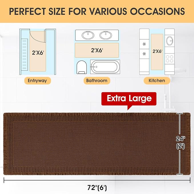 Extra Large Waffle Bath Mat, Boho Woven Modern Bath Rug Absorbent Non Slip, Ultra Soft Bathroom Mats, Machine Washable Knit Bath Rugs with Border for Bathroom, Bedroom, Kitchen, Shower, 6'x2', Brown