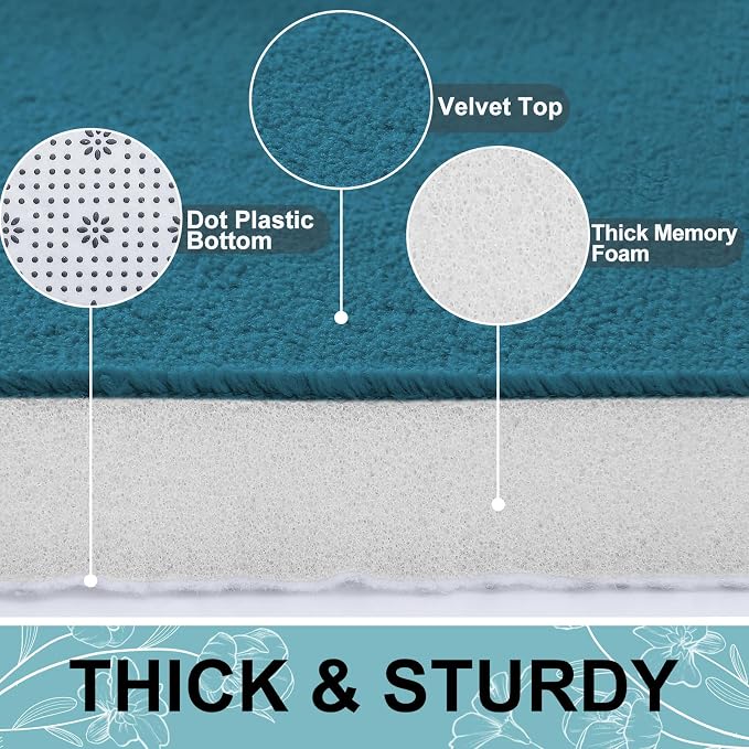 Smiry Memory Foam Bath Mat 24x16, Extra Soft and Absorbent Bathroom Mats, Non Slip Washable Carpet for Floor, Shower and Tub, Peacock Blue
