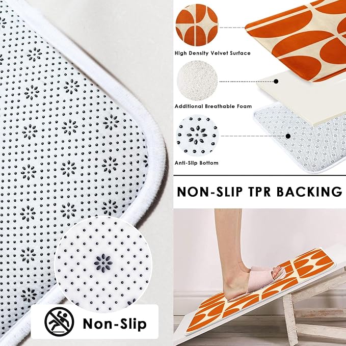 Orange Boho Mid Century Shower Curtain Set with Toilet Lid Cover and Non-Slip Rugs, Abstract Geometric Art 4 Pcs Modern Minimalist Vintage Shower Curtain for Bathroom Set with 12 Hooks