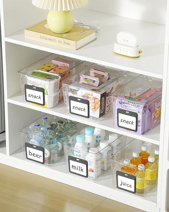 iCASA Clear Organizer Bins - 6 Pack Plastic Pantry Organizers & Storage Containers with Handles & Labels, Home Organization Must Haves for Kitchen, Under Sink, Cabinet Fridge, Bathroom, Shelf, Laundry
