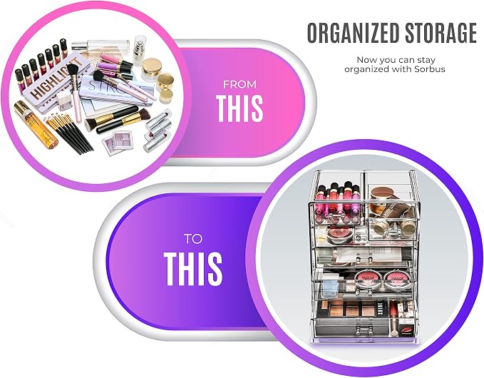 Sorbus Acrylic Makeup Organizer Set, 6-Drawer Vanity & Countertop Cosmetic Storage with Small & Wide Drawers, Black Jewel Makeup Storage for Brushes, Lipsticks, Jewelry, Holiday Gift for Women & Teens
